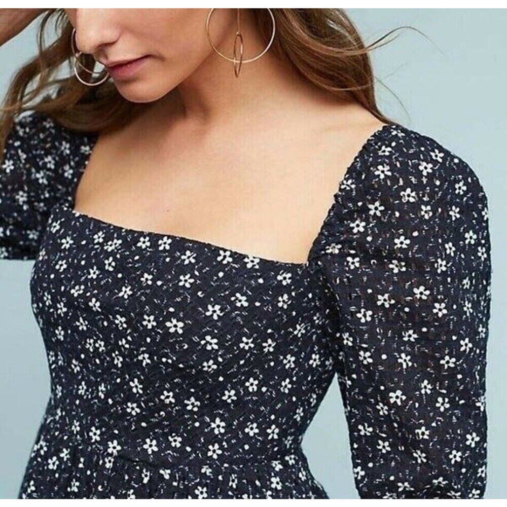 Anthropologie Maeve Lillianne Dress 8 On/Off Shoulder Floral Navy‎ Blue Eyelet - Picture 2 of 12